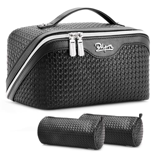 BOYATU Travel Makeup Bags for Women: Large Capacity Make up Bag with Wide Opening - 3 Pcs Set Waterproof Travel Toiletry Organizer for Full-Sized Bottles, Cosmetics & Brushes (Black-W) - color: 03-A-Black