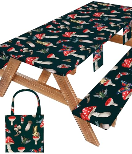 Picnic Table Cover with Bench Covers Elastic Tablecloth Camping Essentials Table Cloth Outdoor Glamping Cool Fun Unique Ideas Birthday Camping Gifts for Mother Mama Mommy Mom from Daughter Son Black - color: Black Red Mushrooms, size: 72in