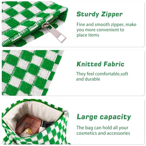 ZLFSRQ 3Pcs Checkered Makeup Bag for Women Large Small Checkered Cosmetic Bag Set Aesthetic Preppy Pencil Case Cute Pencil Pouch Green Makeup Pouch for Purse Travel Toiletry Bags Zipper Skincare Bags - color: B-Checkered 3Pcs Mix Green