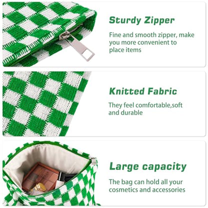 ZLFSRQ 3Pcs Checkered Makeup Bag for Women Large Small Checkered Cosmetic Bag Set Aesthetic Preppy Pencil Case Cute Pencil Pouch Green Makeup Pouch for Purse Travel Toiletry Bags Zipper Skincare Bags - color: B-Checkered 3Pcs Mix Green