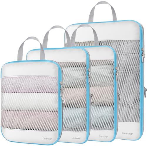 Cambond See Through Mesh Compression Packing Cubes - 4 Piece Expandable Space Saving Packing Cubes for Travel, Lightweight Travel Bags Luggage Packing Organizer Essentials for Suitcases, White - color: 01 White, size: 4-Piece Set (Weekend/Short Trip Essen