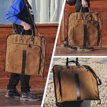 Polare Waxed Canvas Full Grain Leather Trim Garment Carry On Bag for Travel, Foldable Hanging Suitcase Weekender Dust-Proof Garment Waterproof Cover with YKK Zipper and Adjustable Strap - color: Brown
