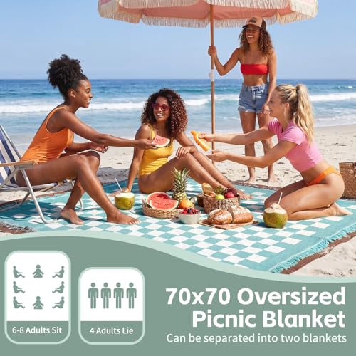 2 in 1 Extra Large Boho Beach Blanket Towel Picnic Rug Camp Mat Family Trip Essentials Summer Vacation Must Have Travel Accessories Lake Day Necessities Stuff Thing Need Gear Gift Item Gadget 2026 - color: Checkered Aqua