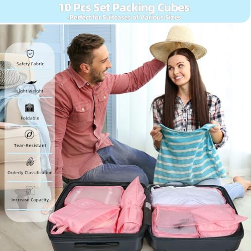 10 Pcs Set Packing Cubes - Travel Packing Organizers, Expandable Suitcase Organizer, Luggage Organizer Bags - color: PINK
