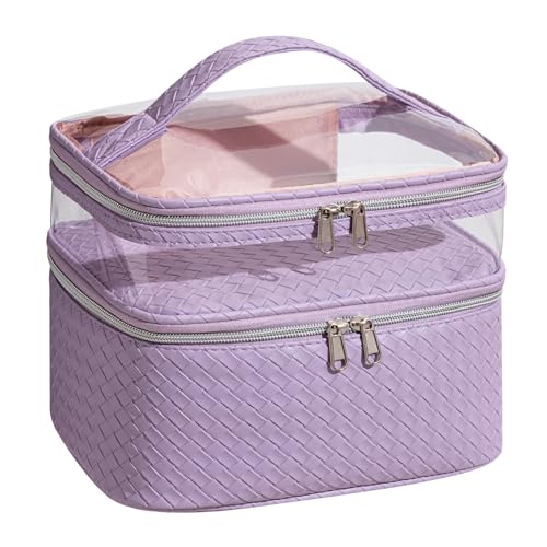 Large Makeup Bag with Brush Storage, Double Layer Cosmetic Bags for Women Girls, Waterproof Leather Toiletry Bag for Women, Travel Makeup Bag Skincare Bag with Zipper & Portable Handle - color: Woven Pattern Purple, style: Double-layer