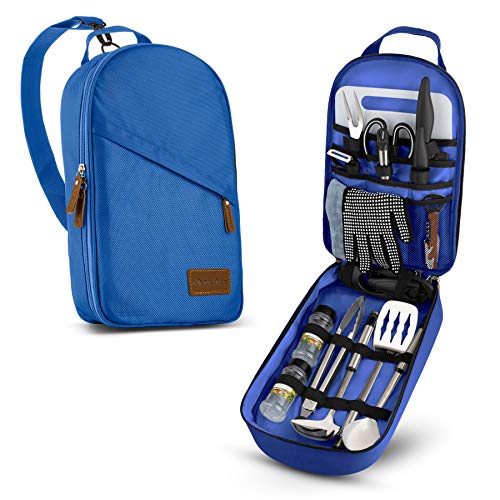 Wealers Camp Kitchen Cooking Utensil Set Travel Organizer Grill Accessories Portable Compact Gear for Backpacking BBQ Camping Hiking Travel Cookware Kit Water Resistant Case - color: 17 Pieces Blue