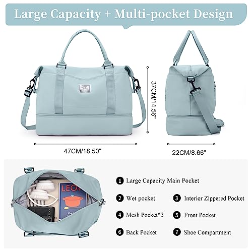 Weekender Bags for Women,Personal Item Travel Bag with Shoes Compartment,Overnight Travel Duffel Bag with Toiletry Bag - color: Light Blue, size: Large