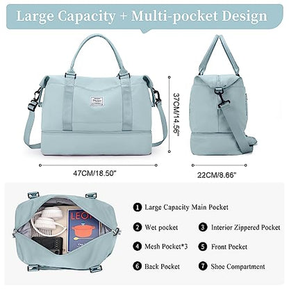 Weekender Bags for Women,Personal Item Travel Bag with Shoes Compartment,Overnight Travel Duffel Bag with Toiletry Bag - color: Light Blue, size: Large