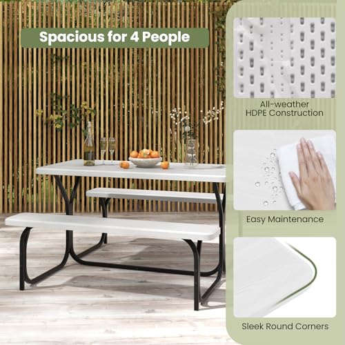S AFSTAR Picnic Table Bench Set, 59” Expanded Rectangular Picnic Table, Outdoor Table and Bench W/Steel Frame & Wood-Like Texture Tabletop, Camping Table Chair Set for Garden Patio Lawn Deck (White) - color: White