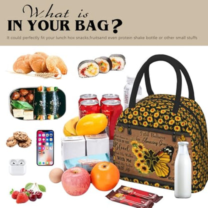 Bible Verses Lunch Box Christian Insulated Lunch Bag for Women Inspirational Scripture Cross Butterfly Sunflower Lunchbox Religious Reusable LunchTote Bag for Church Office Work Travel - color: Christian 3