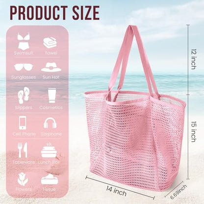 HOHOM Beach Bags for Women, Summer Travel Mesh Tote Bag with Large Inner Pocket, Sandproof Woven Shoulder Handbag - color: Pinky