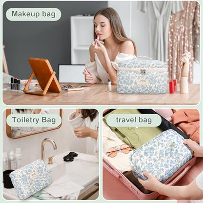 GISMTR 3Pcs Cotton Quilted Makeup Bag Large Travel Cosmetic Bag Coquette Makeup Pouch Cute Aesthetic Floral Toiletry Bag for Women Girls - color: flower-B