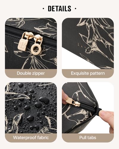 EACHY Travel Makeup Bag, Large Capacity Cosmetic Bags for Women, Waterproof Portable Pouch Open Flat Toiletry Bag Pattern Make up Bag (F-Black) - color: AH-Black, size: Medium