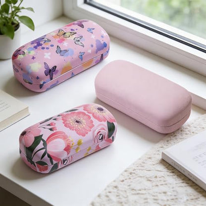 PERFECTSIGHT Sunglasses Case, Large Hard Shell Glasses Case, Cute PU Leather Protective Eyeglasses Case for Women Men - color: Pink Butterfly