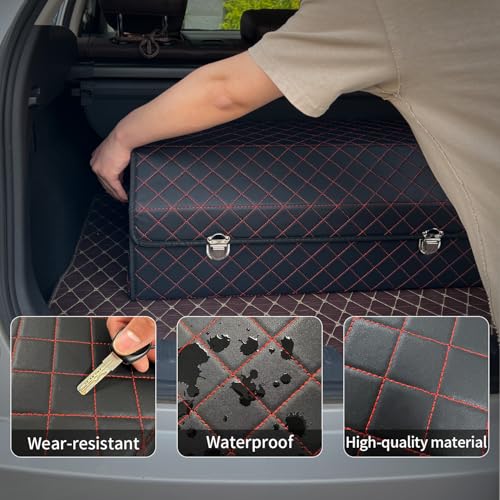 Car Trunk Organizer with Lid,Foldable Faux Leather Cargo Storage Box,3 Compartments,Collapsible Multi-Functional for SUV,Sedan,Vehicle Trunk - color: Black Red Grid, size: Large
