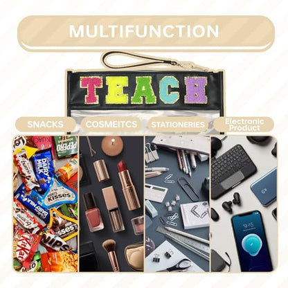 Siwara Snack Bags Clear Pouch Travel Makeup Bag Chenille Letter Bags for Zipper Pouch Clear Cosmetic Bag Clearly Tote Bag Makeup Travel Bags for Women - color: Black--Teach