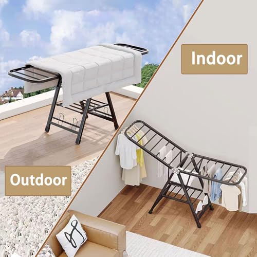 Mimiblack Clothes Drying Rack Foldable, 3-Level Large Clothes Airer Drying Rack, Heavy Duty Metal Laundry Dryer Stand with Wheels for Clothing & Bedding, Indoor & Outdoor Use, 70.8" L×17.7" W, Gray