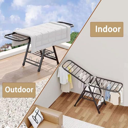 Mimiblack Clothes Drying Rack Foldable, 3-Level Large Clothes Airer Drying Rack, Heavy Duty Metal Laundry Dryer Stand with Wheels for Clothing & Bedding, Indoor & Outdoor Use, 70.8" L×17.7" W, Gray