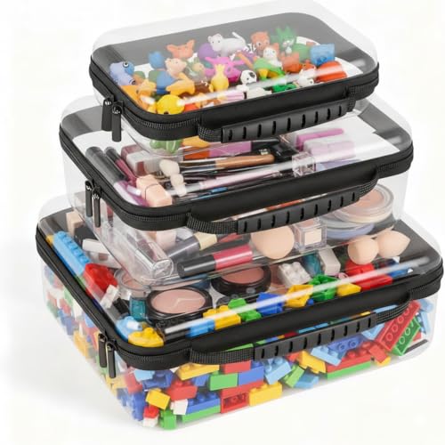 3 Pack Clear Hard Shell Zipper Cases with Handle, Waterproof Toiletry Bag for Travel, Diaper Bag Organizer Pouches, Nesting Pouches for Makeup, Toys, Snack Pouches, Stationery (Black) - color: Black