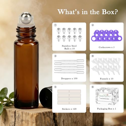 PrettyCare Set of 120, Bulk 10 ml Essential Oil Roller Bottles with Stainless Steel Roller Ball - Refillable Leak-proof Empty Thick Amber Glass Roll on Bottles with Black Caps for Travel, Perfume - color: Amber with Black Cap, size: 120 Pack