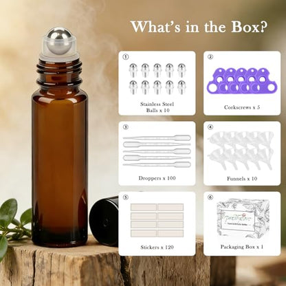 PrettyCare Set of 120, Bulk 10 ml Essential Oil Roller Bottles with Stainless Steel Roller Ball - Refillable Leak-proof Empty Thick Amber Glass Roll on Bottles with Black Caps for Travel, Perfume - color: Amber with Black Cap, size: 120 Pack