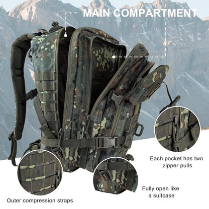 Hannibal Tactical MOLLE Assault Backpack, Tactical Backpack Military Army Camping Rucksack, 3-Day Pack Trip w/USA Flag Patch, D-Rings, Flecktarn - color: Flecktarn