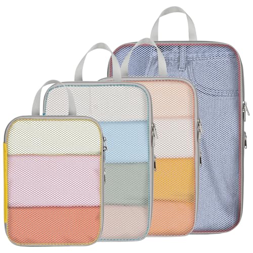 Cambond Compression Packing Cubes for Travel - 4 Set Multi-color See Through Mesh Compression Cubes for Travel Essentials, Space Saving Luggage Packing Organizers Bags for Carry on Suitcases - color: 01 Multi Lake Blue/Watermelon Pink/Orange/Yellow, size: