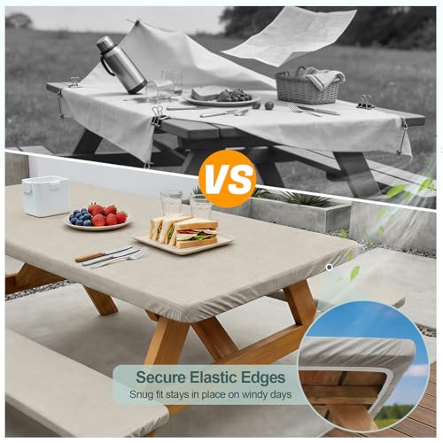 Picnic Table Cover with Bench Covers Camping Essentials Waterproof Windproof Camping Tablecloth with Drawstring Bag, Fitted Rectangle Tables and Seats, 72in, Beige Linen Texture - color: Beige Linen Texture, size: 72in