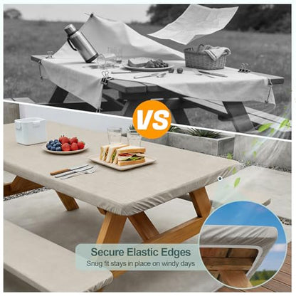 Picnic Table Cover with Bench Covers Camping Essentials Waterproof Windproof Camping Tablecloth with Drawstring Bag, Fitted Rectangle Tables and Seats, 72in, Beige Linen Texture - color: Beige Linen Texture, size: 72in
