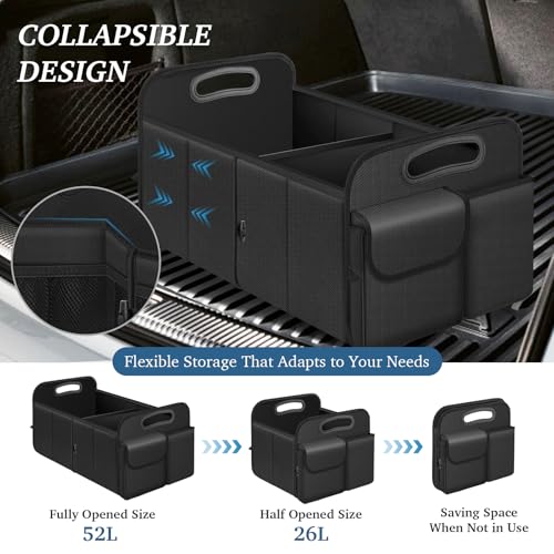 Trunk Organizer, Collapsible Waterproof car Trunk Organizer for SUVs & Sedans, Car Storage Organizers with Reinforced Handles, Car Accessories for Women and Men, 2 Compartments, 52L, Black - color: Black, size: Standard
