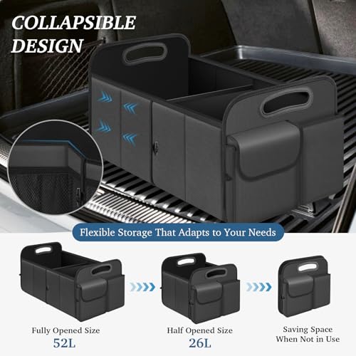 Trunk Organizer, Collapsible Waterproof Multi-Compartment Trunk Organizer for SUVs & Sedans, Car Storage with Reinforced Handles, Car Accessories for Women and Men, 52L - color: Gray, size: Standard