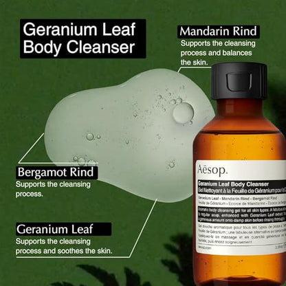 Aesop Arrival Travel Shower Set (4-Piece) Hair & Body Care Kit – Shampoo, Conditioner, Geranium Leaf Body Cleanser & Rind Concentrate Body Balm – 1.7oz/50mL Each – Gift Set with Reusable Canvas Bag