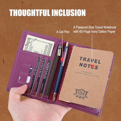 STAR VISTA Phoenix Leather Passport Holder, Calfskin Travel Wallet - RFID Blocking, ID Window, Zipper Pocket, Pen & Notebook Included, Violet - color: Violet Calfskin