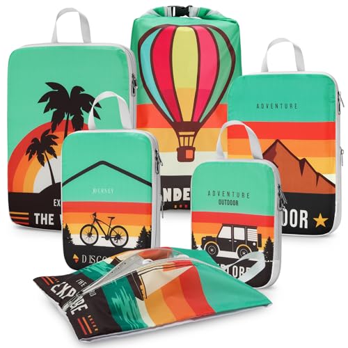 Gonex Compression Packing Cubes, 6pcs Expandable Storage Travel Luggage Bags Organizers with Shoe Bag Laundry Bag, Travel Cubes for Suitcase Carry On (Outdoor Exploration) - color: 6-Outdoor Exploration, size: 6 Set