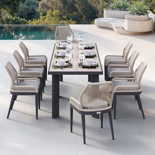PURPLE LEAF 9 Pieces Patio Dining Set Aluminum Rectangular Table and Wicker Chairs with Cushions for Kitchen Porch Garden Modern Outdoor Furniture Sets, Beige and Dark Grey - color: Beige/Dark Grey, size: 9 PCS, style: Rectangular