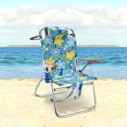 Backpack Beach Chairs for Adults Capacity 300 LBS high 5 Position Beach Chair with Pouch Straps Folding Lightweight Reclining Aluminum Wide Lay Flat Single - color: 17in Wood Yellow Flower 1 Pack