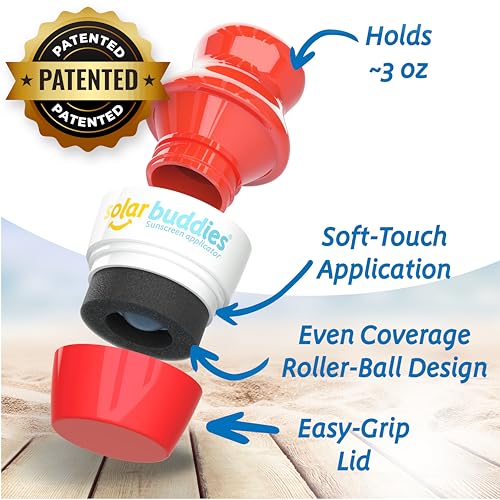 Solar Buddies Grab & Go Travel Bundle, Carabina Clip & Cleaning Brush - Single Full Red - Refillable Roll on Sponge Sunscreen, Suncream & Lotion Applicator For Kids, Adults & Families - Holds 100ml - color: Red Single