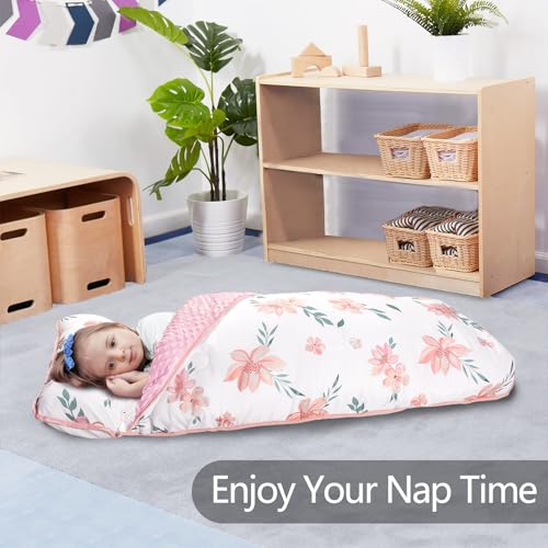 Primlect Thickened Toddler Nap Mat with Removable Pillow and Minky Blanket, Extra Large 55''x35'' Sleeping Bag, Washable, Roll up, Perfect for Daycare, Preschool, Kindergarten, Boys and Girls Flowers - color: Pink Flower Upgraded