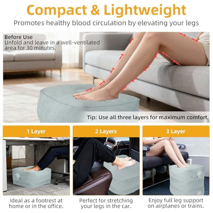 Inflatable Foot Rest Pillow for Travel, Adjustable 3-Layer Height, Fast Inflation Leg Rest Cushion for Airplanes, Cars, Trains, Office & Home
