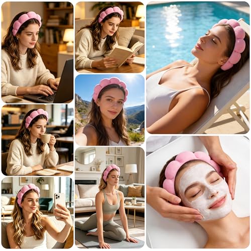 Real Perfection Spa Headband for Washing Face, Skincare Headband Wristband Set for Facial Mask Skin Care, Makeup Remover Towel Cloth Small Spray Bottle with Travel Makeup Bag Gifts for Women - Pink - color: Pink