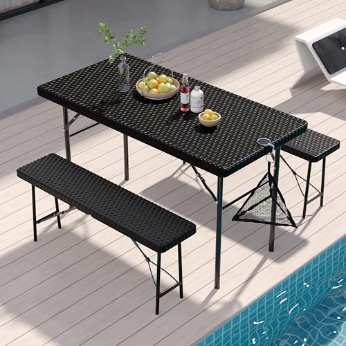 VECELO 3 Piece Folding Picnic Table with 2 Benches, 47.2" Faux Rattan Patio Set with Mesh Bag, Heat-Resistant & Waterproof, for Indoor Outdoor Use, Black