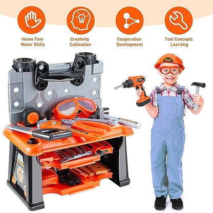ZEALOUS TOYS Kids Tool Bench-Zealous 79pcs Transformable Set, Toddler Workbench Toy with Electric Drill, Pretend Construction Playset for Boys Girls Age 3+, Orange & Black, HB3222-3 - style: E-Kids Tool Bench