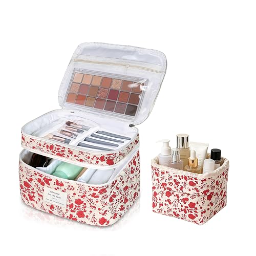 Gosect Makeup Bag, Quilted Cosmetic Bag Set, Drawstring Makeup Bag with Canvas Lining, Large Floral Toiletry Bag for Women Girls, Cute Cotton Flower Travel Organizer Bag (Floral Flower - color: Floral Flower Color