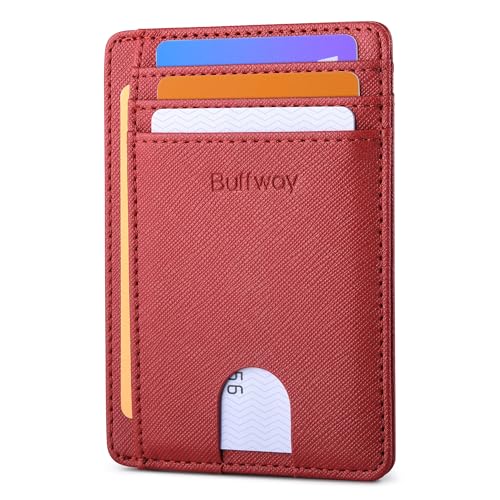 Buffway Slim Minimalist Front Pocket RFID Blocking Leather Wallets for Men and Women - Cross Red - color: Cross Red