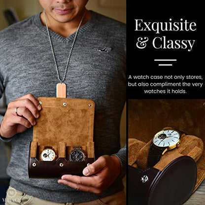 2 Watch Travel Case for Men Vegan Leather Watch Roll Case Organizer and Display - Elegant Gift - Espresso Brown Vegan Leather - color: Espresso Brown 2-watch case