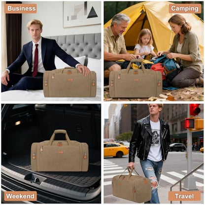 Canvas Mens Duffle Bag for Travel - Expandable 50L Weekender Bags with Toiletry Bag, Overnight Bag Travel Duffel Carry On Luggage with Removable Shoulder Strap, Durable & Water-Resistant - color: 5-Khaki