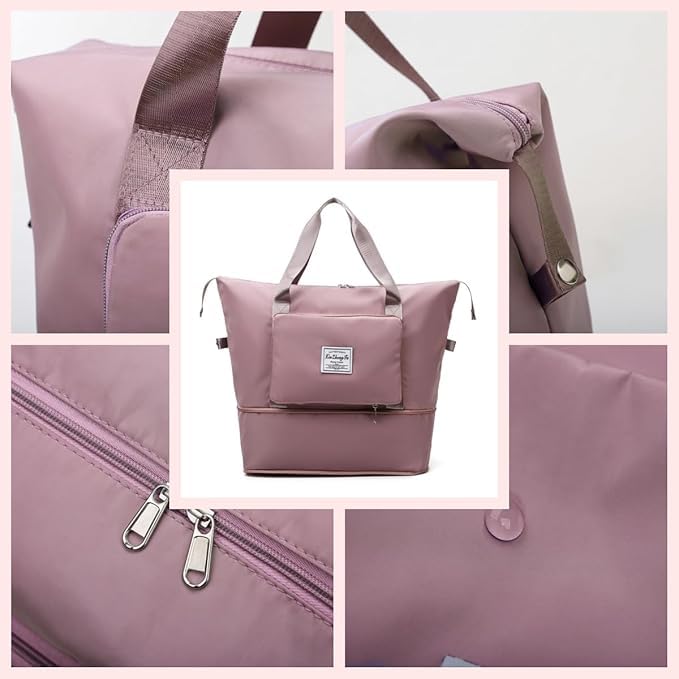 Large Capacity Foldable Travel Bag, Expandable lightweight Carry on Bag, Dry with Wet Separation Spor Duffel Bags (Pink+Toiletry Bag) - color: Pink+Toiletry Bag