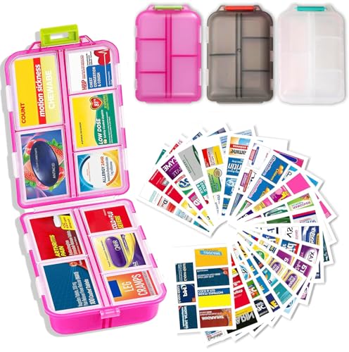 2026 New Extra Large Pill Box with Medicine Labels Travel Essentials Daily Med Container Mini Medication Organizer Storage Organizer Case 7 Day Pill Organizer(Pink+White+Grey) - color: Pink+white+grey, size: Extra Large