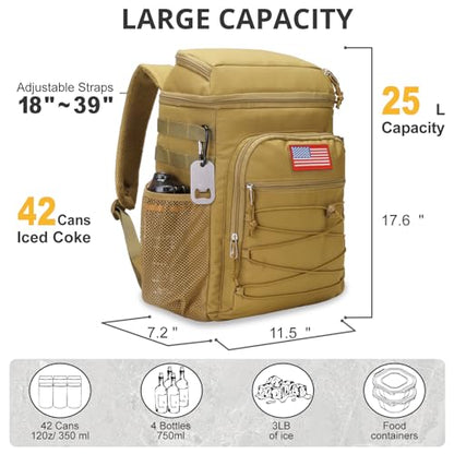 25L Backpack Cooler Keep All Drink Cold for Long Periods of Time Cooler Backpack Insulated Waterproof Portable High Durability Small Cooler Backpack with Compartment for Hiking Camping Beach - color: Brown