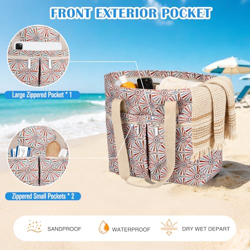 HUANLANG Large Beach Bags for Women Pool Bag with Zipper, Waterproof Sandproof Beach Tote Travel Bag with Wet Pocket - color: White Floral
